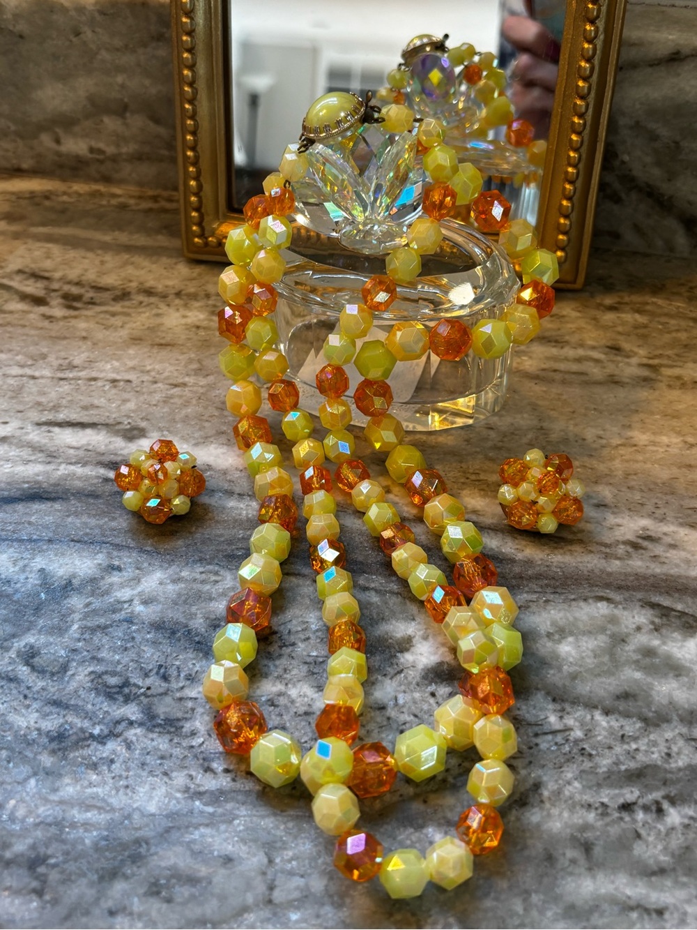 West Germany Beaded Double Necklace & Clip Earring Atomic Mob AB Beads